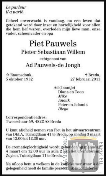 pauwels.piet. 1932-2013 jongh.de.ad. k